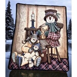 VTG Snowman Family fleece Throw Blanket primitive Farmhouse decor 58”x47.5”